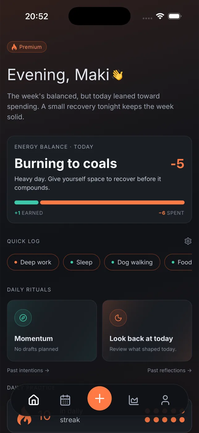 The Ambera app home screen showing today’s net, the 7-day balance, and the cumulative energy chart