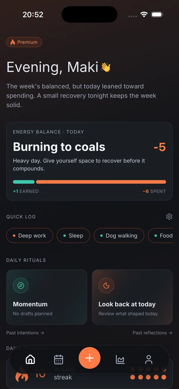 Home screen with the daily check-in and today’s balance