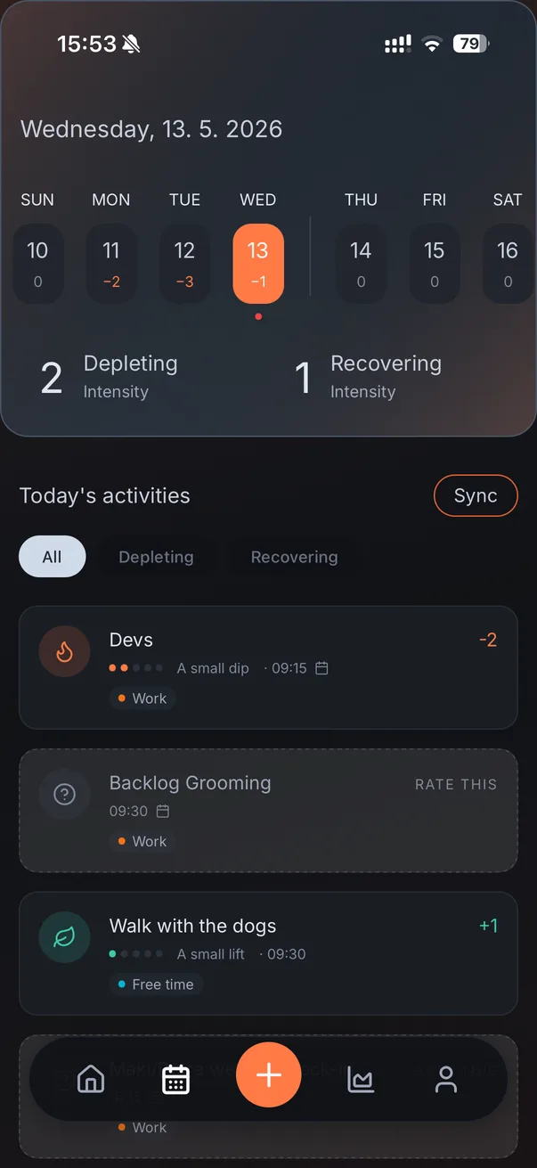 Activity log screen with calendar strip and today’s activities